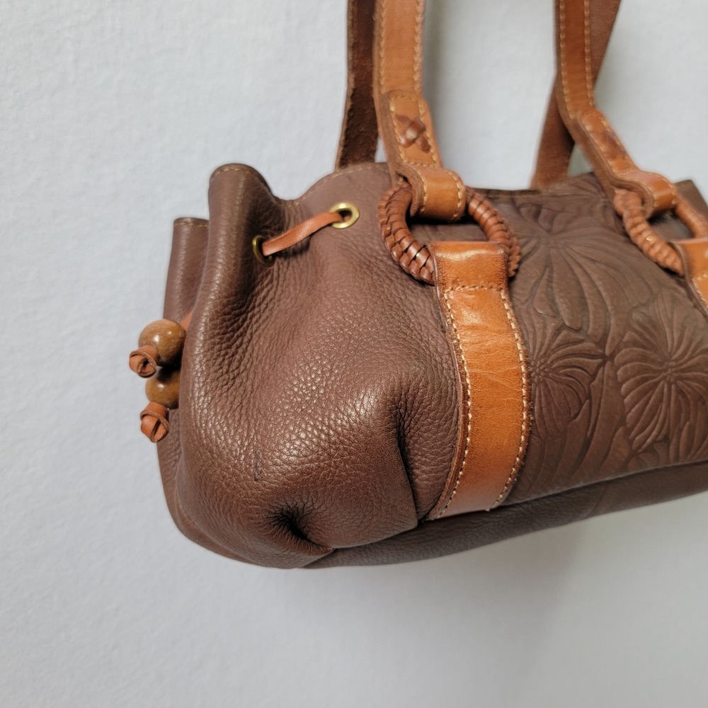 Fossil Brown Leather Floral Embossed Satchel with Tan Straps - Picture 3 of 13